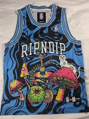 RipNDip Blue And Black Mushrooms MBN Basketball Jersey Mens L Trippy 420 EUC